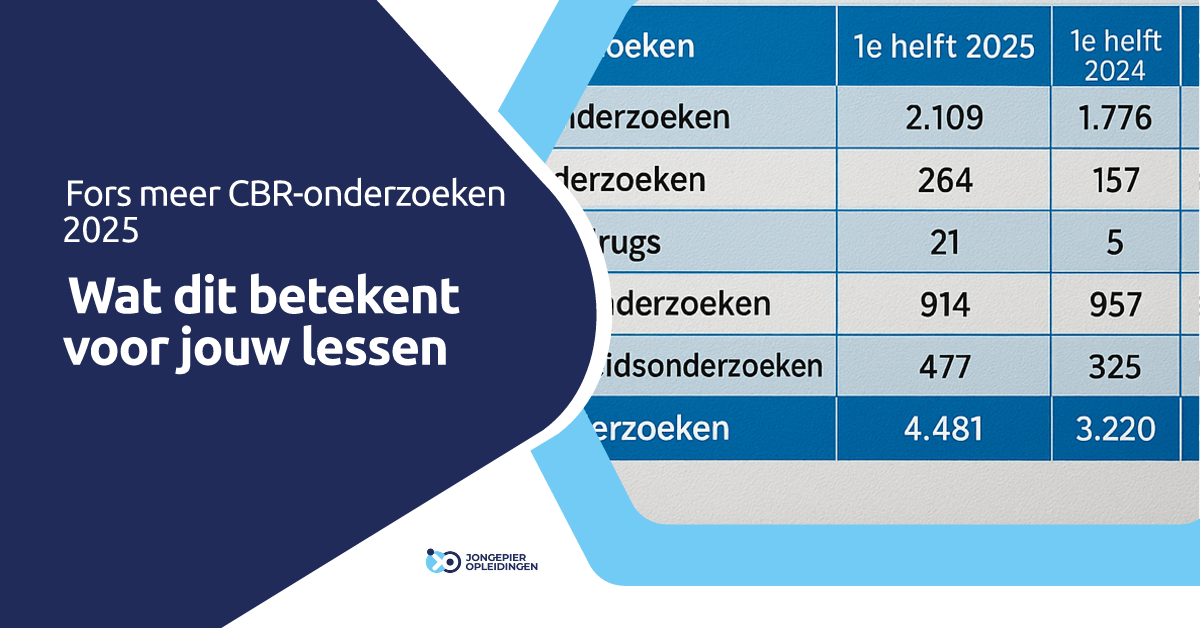 Tabel met cijfers CBR-rijgeschiktheidsonderzoeken eerste helft 2025 vergeleken met 2024, met forse stijging door alcohol en drugs.