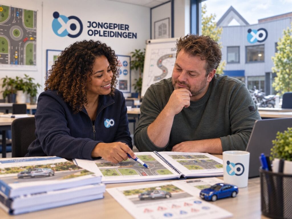 Docent en cursist bespreken samen het lesplan aan tafel